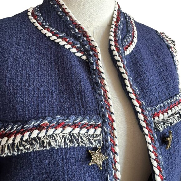 Boston Proper Navy Tweed Jacket Size 6 – Braided Trim & Star Buttons - Picture 3 of 7